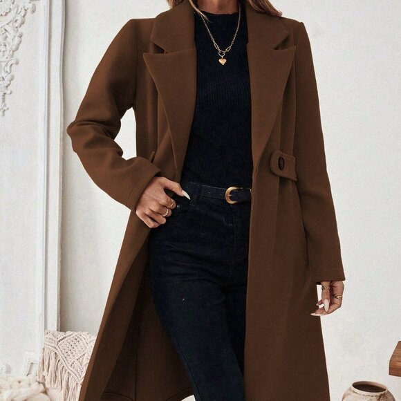 Coffee Brown Casual Women's Notched Collar long coat - Picture 4 of 6